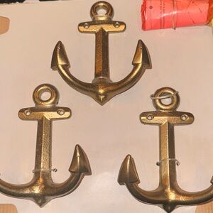 Lot of 3 Cast Iron Anchor Wall Hooks - Gold Nautical Home Accent